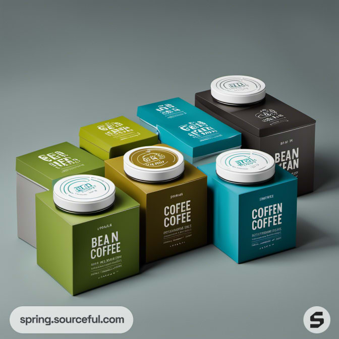 Square boxes with colorful labels containing coffee beans.