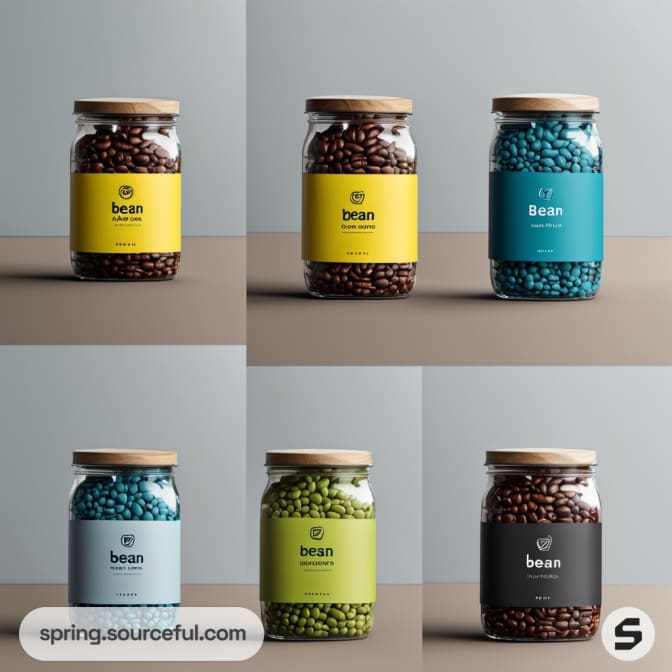 Jars with colorful labels filled with different colored beans.