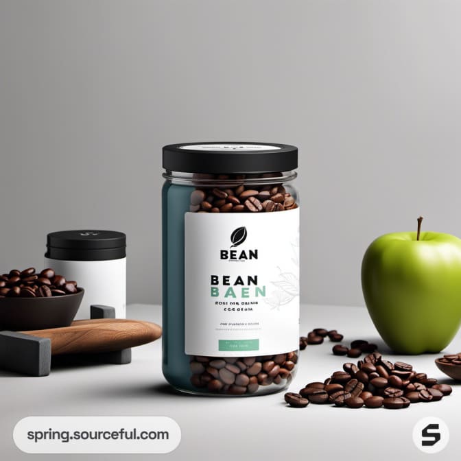 Jar with coffee beans beside a green apple and wooden board.