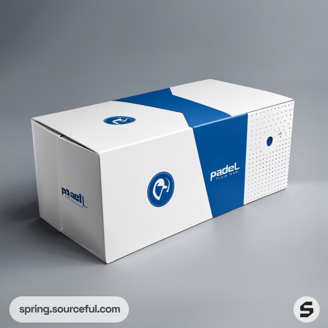 Rectangular box with blue design and circular logo.