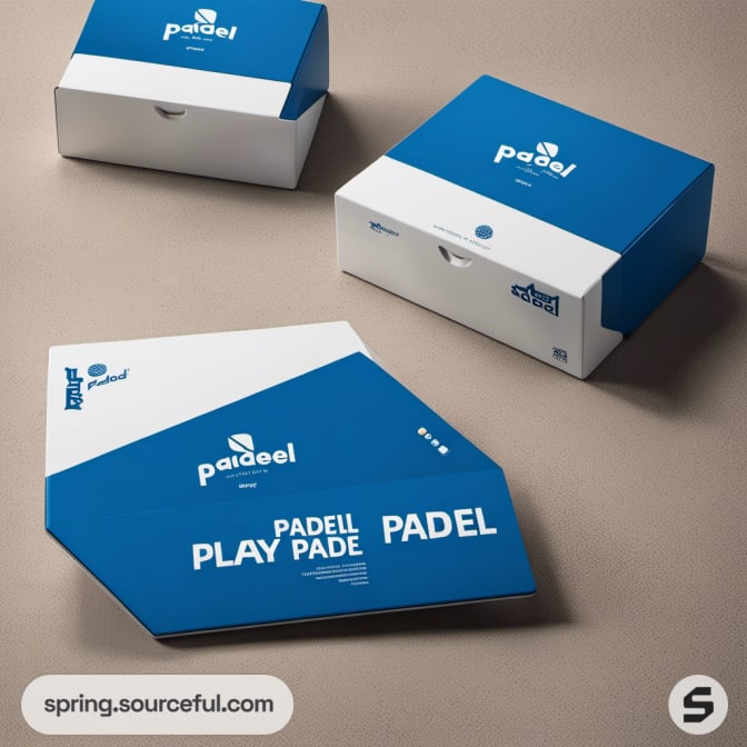 Hexagonal blue and white box with 'Play Padel' text branding.