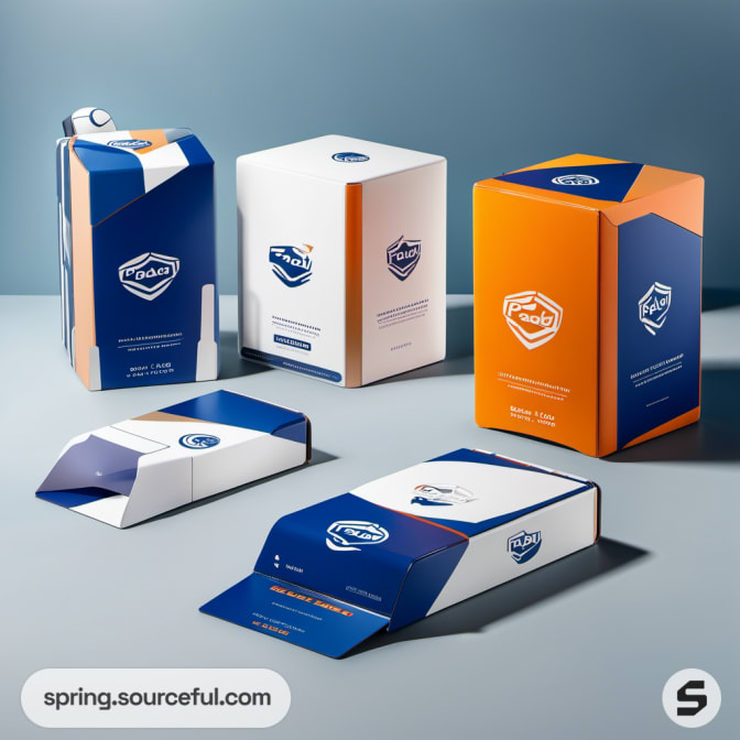 Orange and blue rectangular boxes with shield logo.