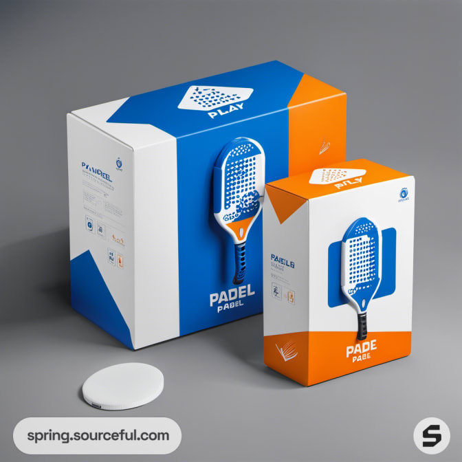 Box featuring padel racket image, blue and orange design.