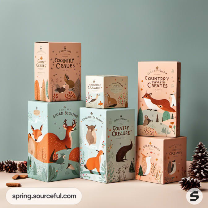 Illustrated animal-themed boxes stacked on green background.