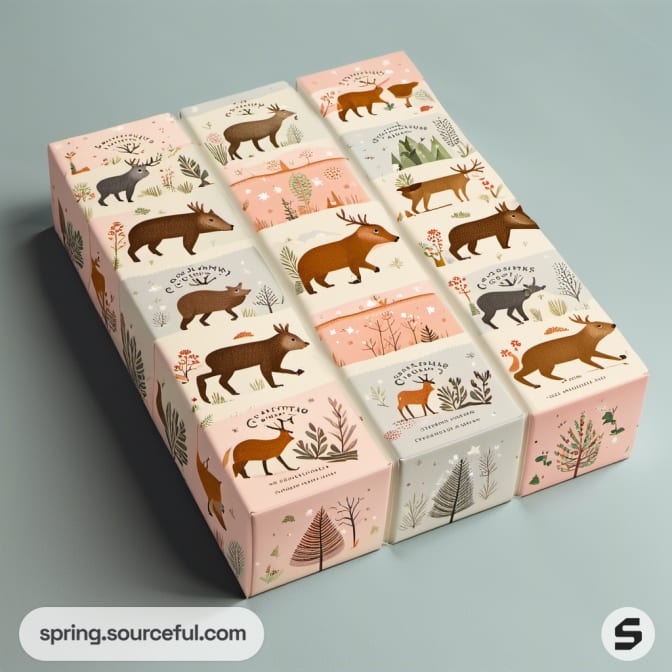 Animal illustrations on pastel color packages.