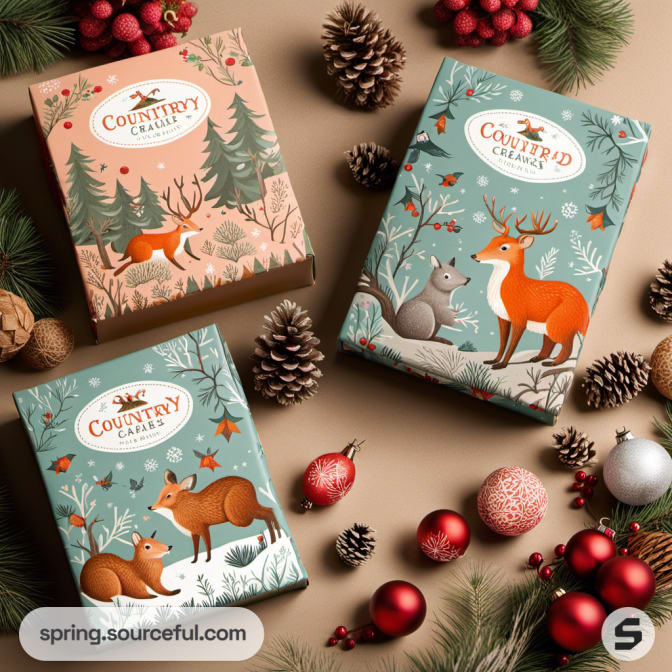 Woodland animal boxes with pinecones and ornaments.