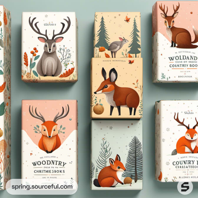Animal illustrations on beige and orange boxes.