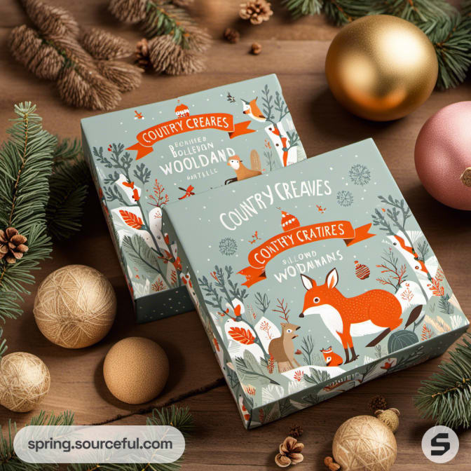Fox and woodland decorations with festive ornaments.