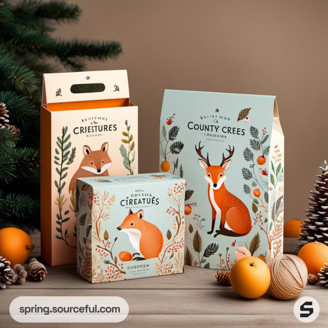 Fox and deer boxes with evergreen decorations.