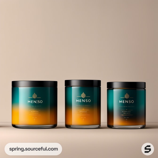 Three gradient-colored candle jars with lids on beige background.