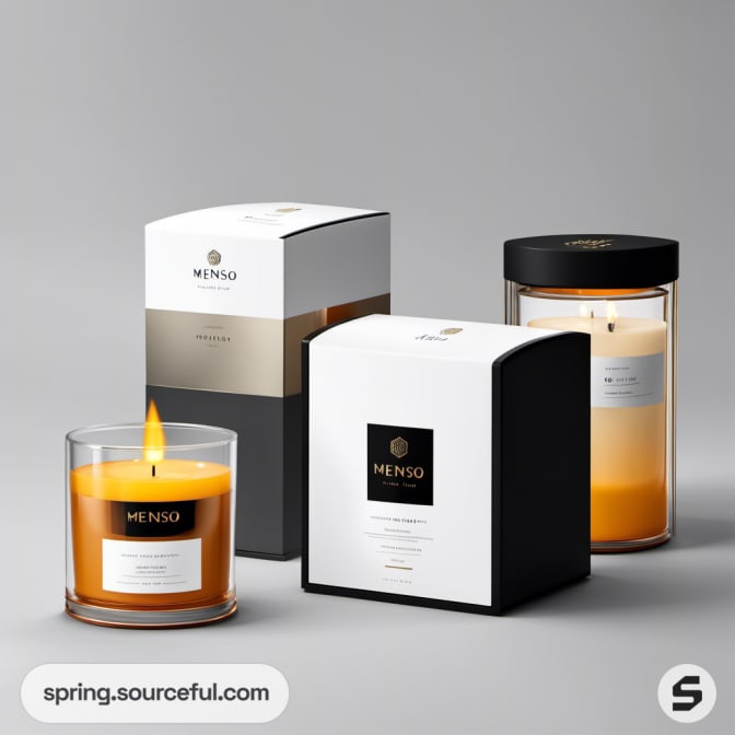 Two packaged and one lit candle on a gray background.