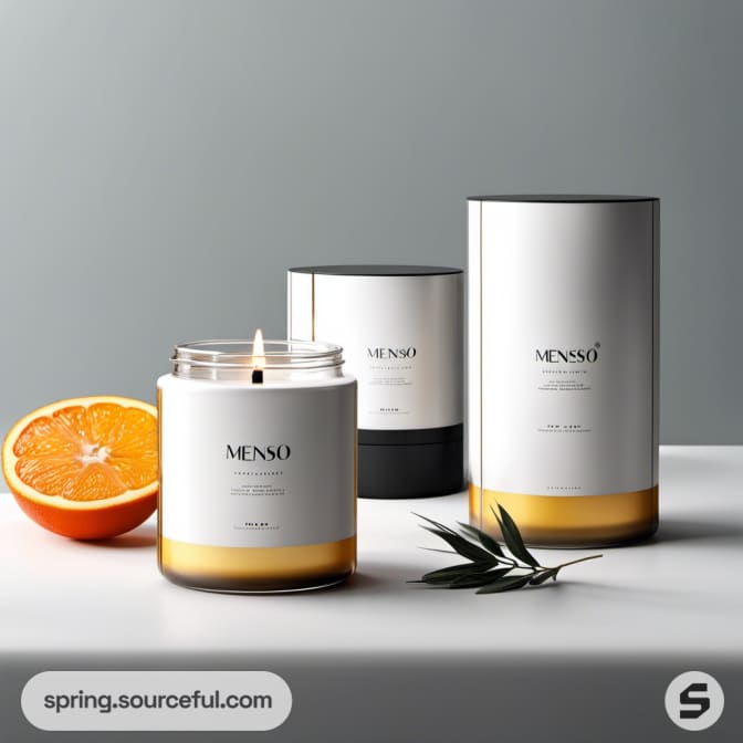 Lit candle with orange and greenery, alongside two large candle containers.