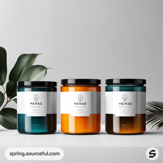 Three colored candle jars with plant background on white surface.