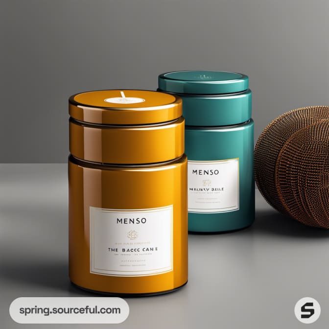 Two cylindrical candles, one orange and one teal, on gray background.