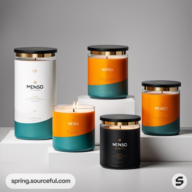 Five assorted candles in various sizes and colors on pedestals.
