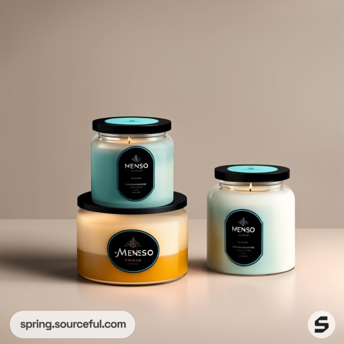 Three candles with aqua and gold tones on a beige surface.