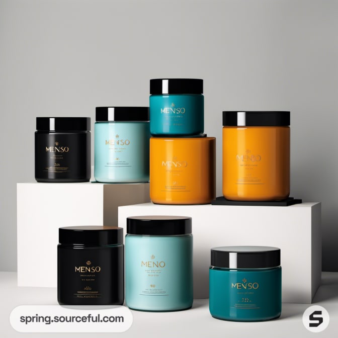 Seven assorted candles in black, orange, and teal on white pedestals.