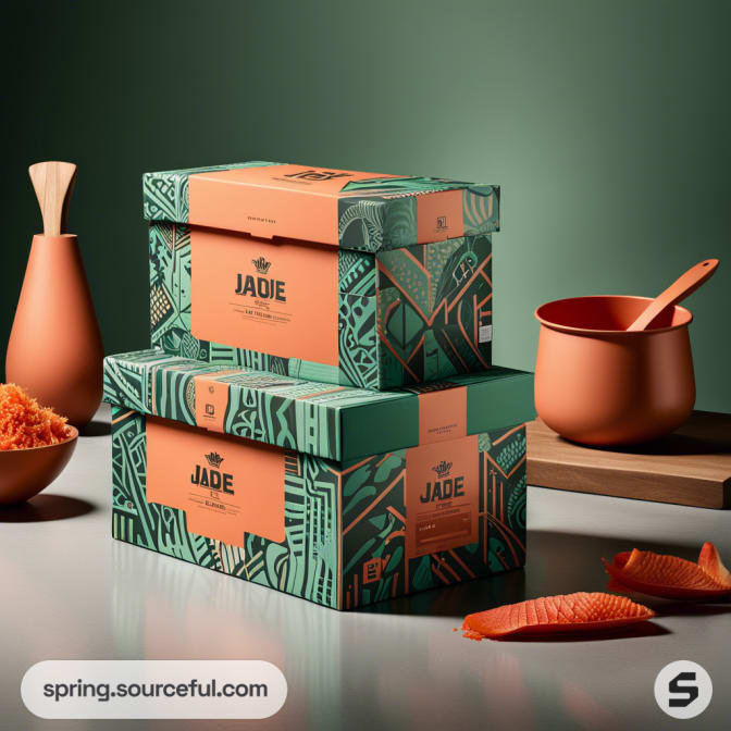 Stacked box packaging with jade green and orange geometric design, beside orange kitchen utensils on a green background.