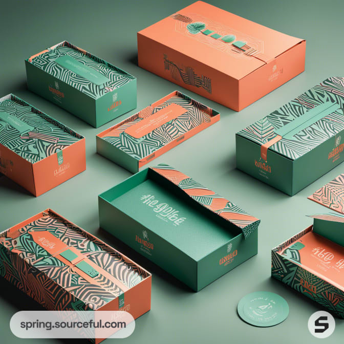 Green and orange patterned mailer boxes with geometric designs on a green background.