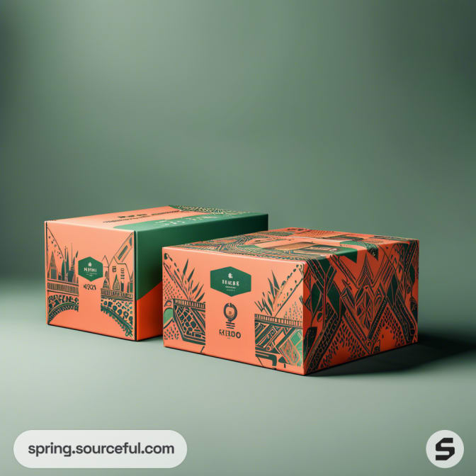 Two orange and green mailer boxes with intricate patterns on a green background.
