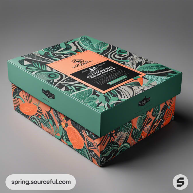 Colorful shoebox with botanical patterns, green lid, and orange accents on a gray background.