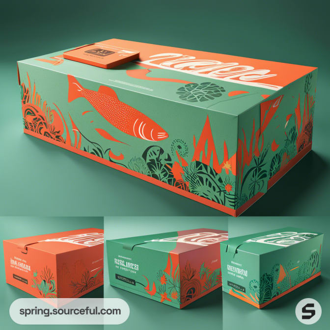 Green and orange rectangular box with fish and plant illustrations, features images from multiple angles.