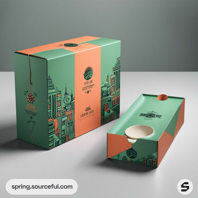 Green and orange illustrated cardboard box with cityscape design resembling mailer and cup packaging.