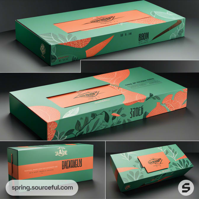 Green and orange mailer box with floral design and rectangular label.