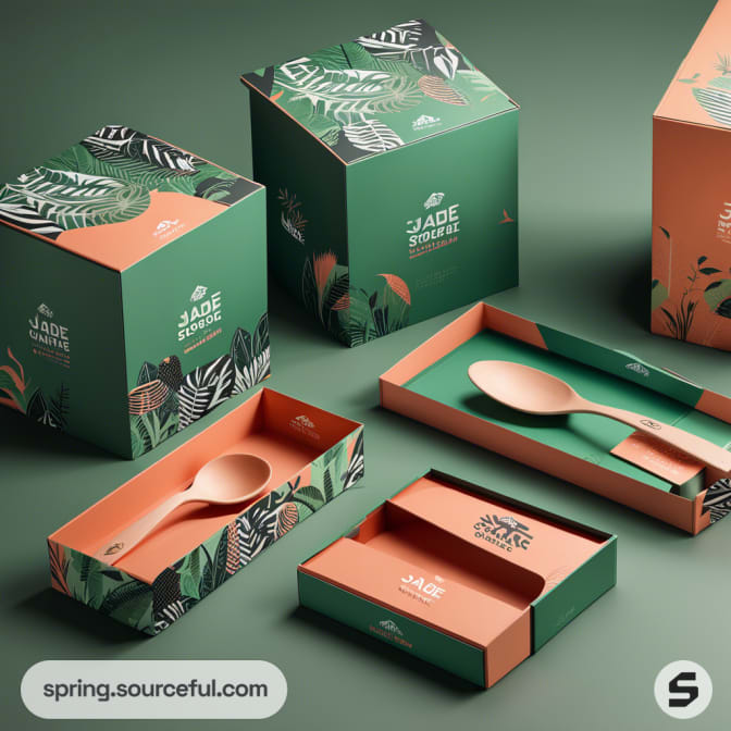 Green and beige packaging with leafy designs for utensils in a presentation box.