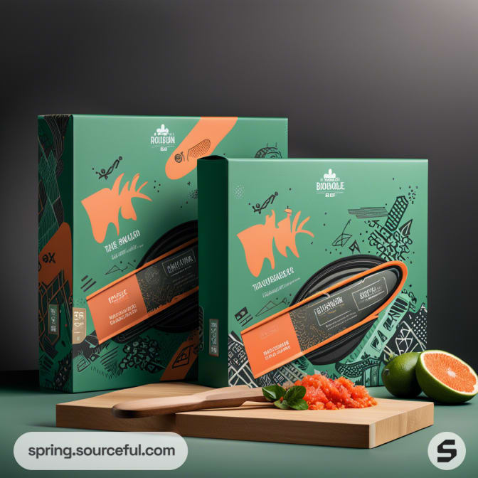 Two boxes with green and orange graphics on a cutting board with sliced salmon and lime.