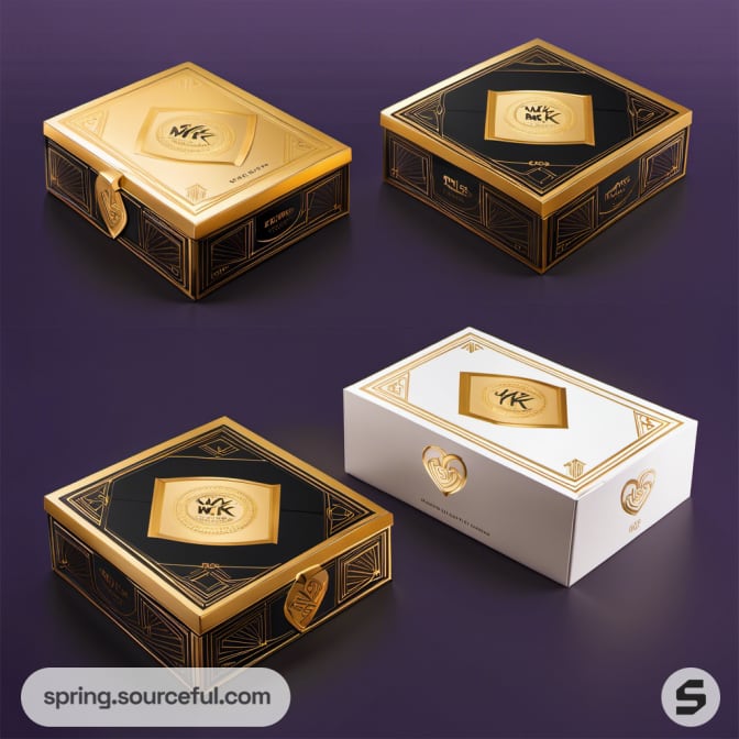 Gold and black luxe box set with intricate patterns on a purple background.