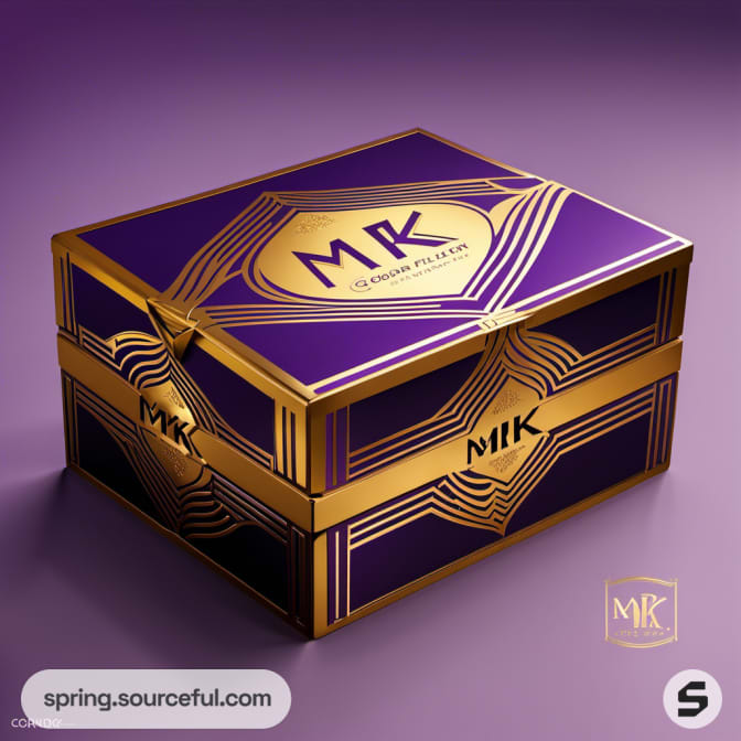 Purple and gold jewelry box with geometric designs on a violet background.