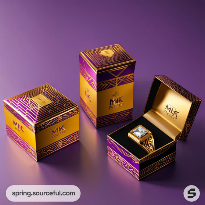 Stacked purple and gold boxes with a highlighted jewelry item inside.