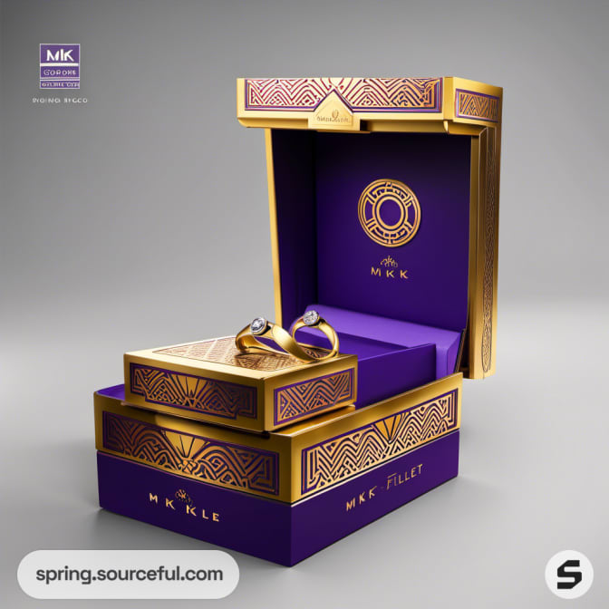 Opened luxe box with purple and gold jewelry on display against a gray backdrop.