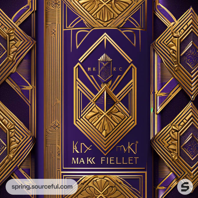 Close-up of ornate purple and gold patterned packaging design.