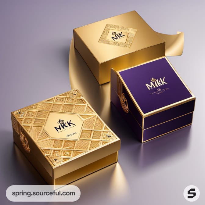 Gold and purple luxury boxes with elegant designs on a soft background.