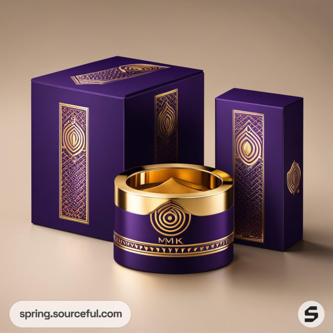 Small purple and gold cylindrical box with ornate detailing.