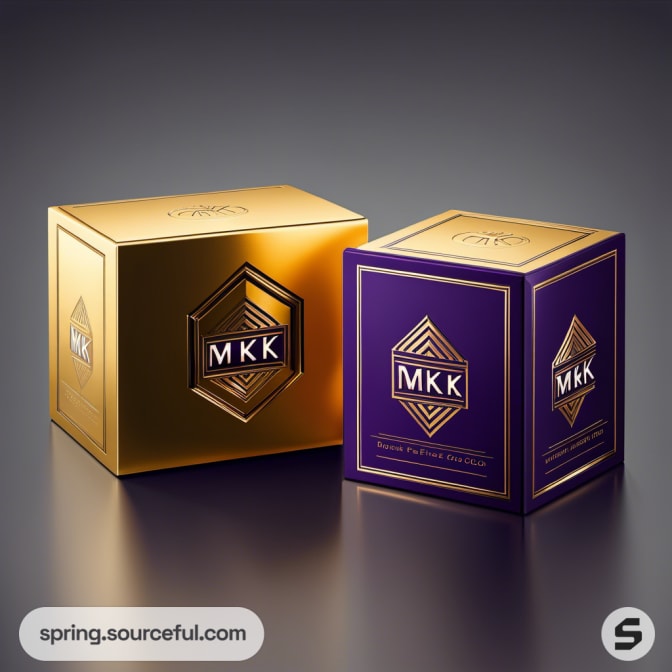 Two cube-shaped boxes in gold and purple with geometric patterns on a dark background.