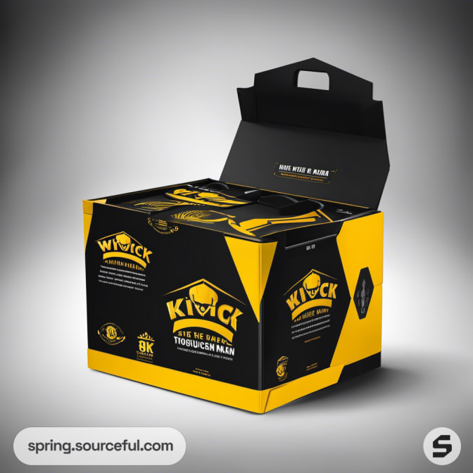 Black and yellow mailer box with bold design and graphics, featuring skull imagery and text.