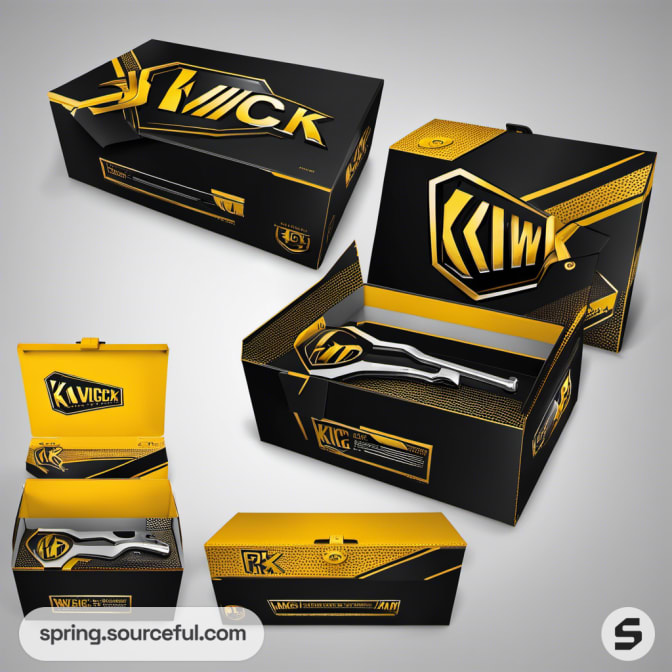 Yellow and black packaging displayed with contents visible, featuring bold logo and geometric shapes.