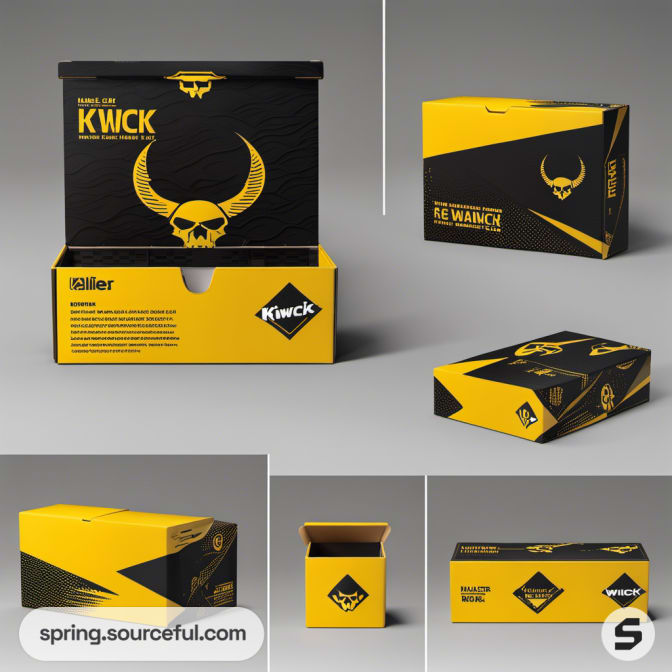 Stylish black and yellow packaging boxes, showcasing bold text and imagery, in various views.