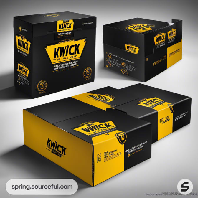 Minimally designed black and yellow boxes with bold text and logos, highlighting product details.