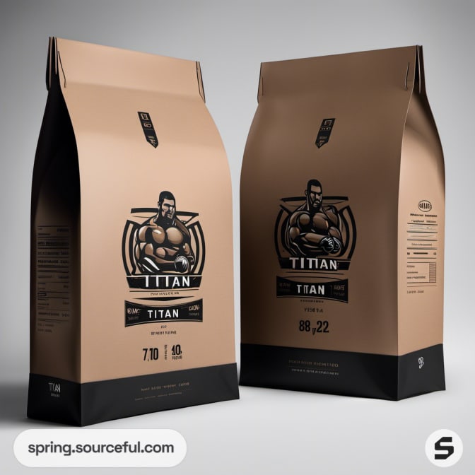 Tall brown bags with graphic of a muscular man, labeled 'Titan'.