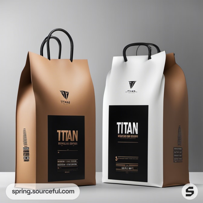 Brown and white handled bags with modern 'Titan' labels.