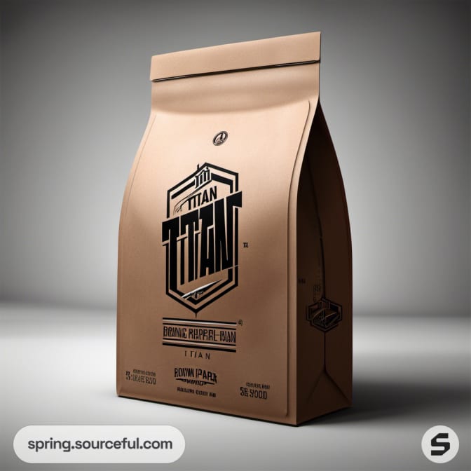 Brown paper bag with bold black 'Titan' logo, minimal design.