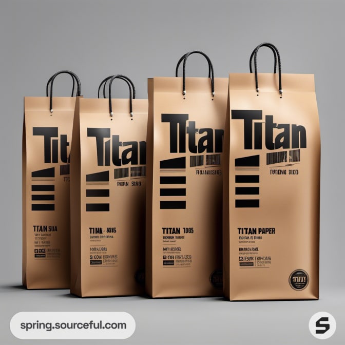 Four tall brown bags with bold 'Titan' text and vertical lines.
