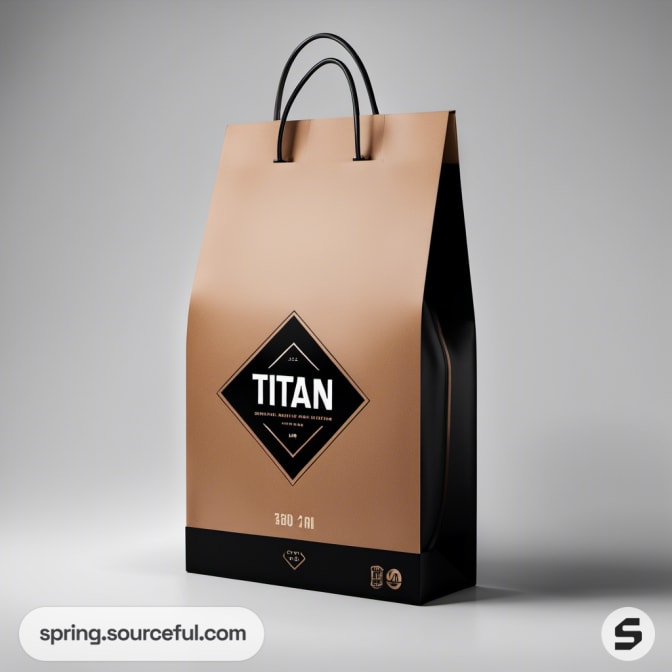 Tall brown bag with black diamond 'Titan' design and handle.