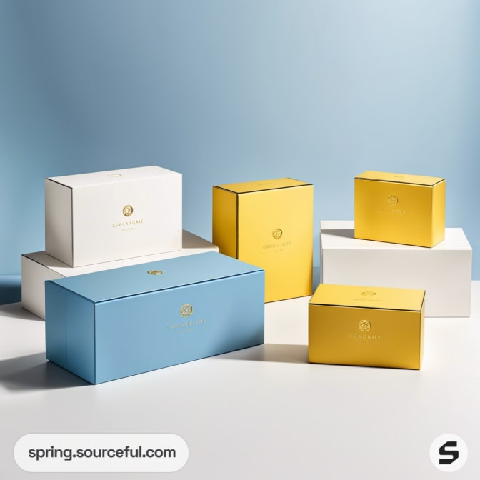 Assorted blue, yellow, and white boxes on a light blue background.
