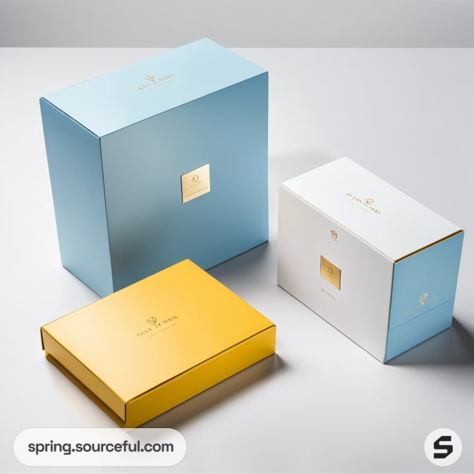 Blue, white, and yellow gift boxes with elegant design.
