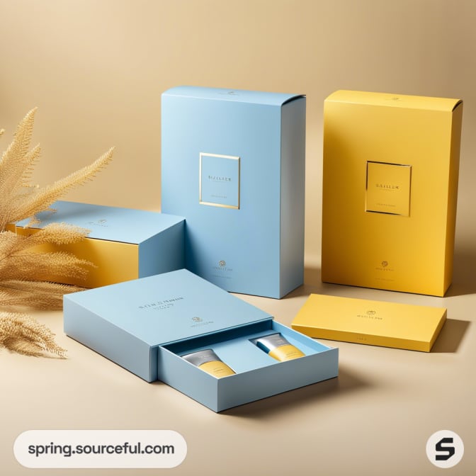 Blue and yellow packaging boxes with a beige background.